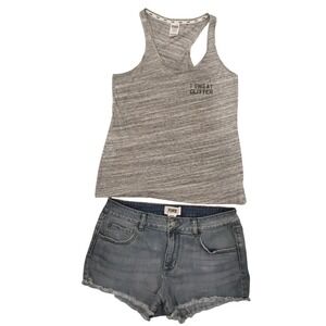 PINK Victoria's Secret Matching Set "I Sweat Glitter" Tank + Denim Cutoff Shorts